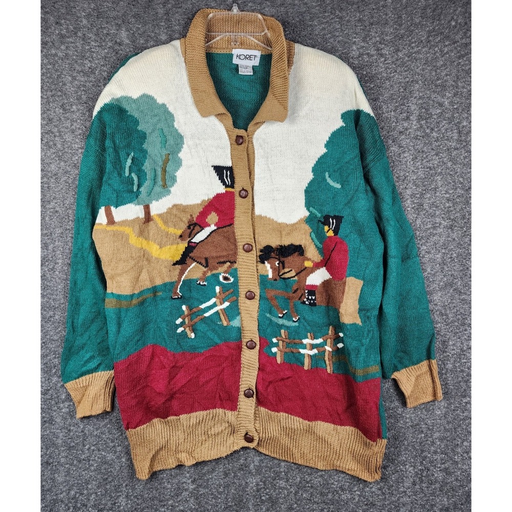 Koret Cardigan Sweater Women 2X Equestrian Horse Scene Vintage Button Front